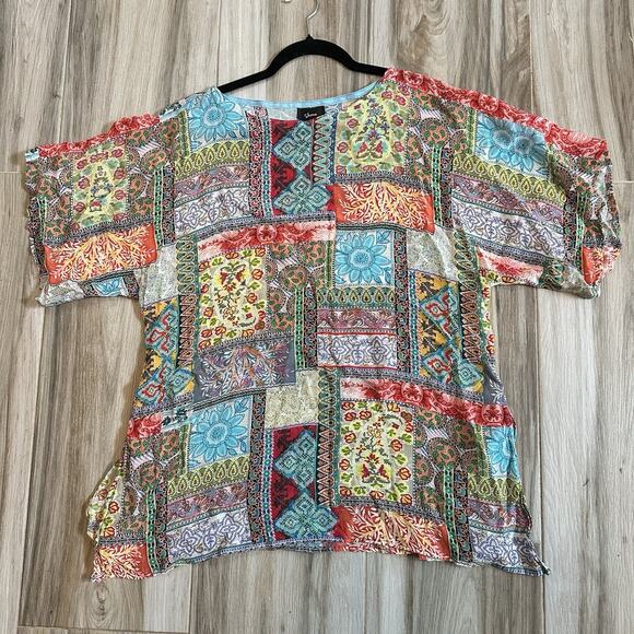 Shana Top Viscose Silk Lightweight Blouse M Short Sleeve Patchwork Art To Wear - Picture 3 of 9